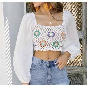 Aerie Crochet Vacay Crop Top Granny Square Cottagecore XS White Multi‎ L/S